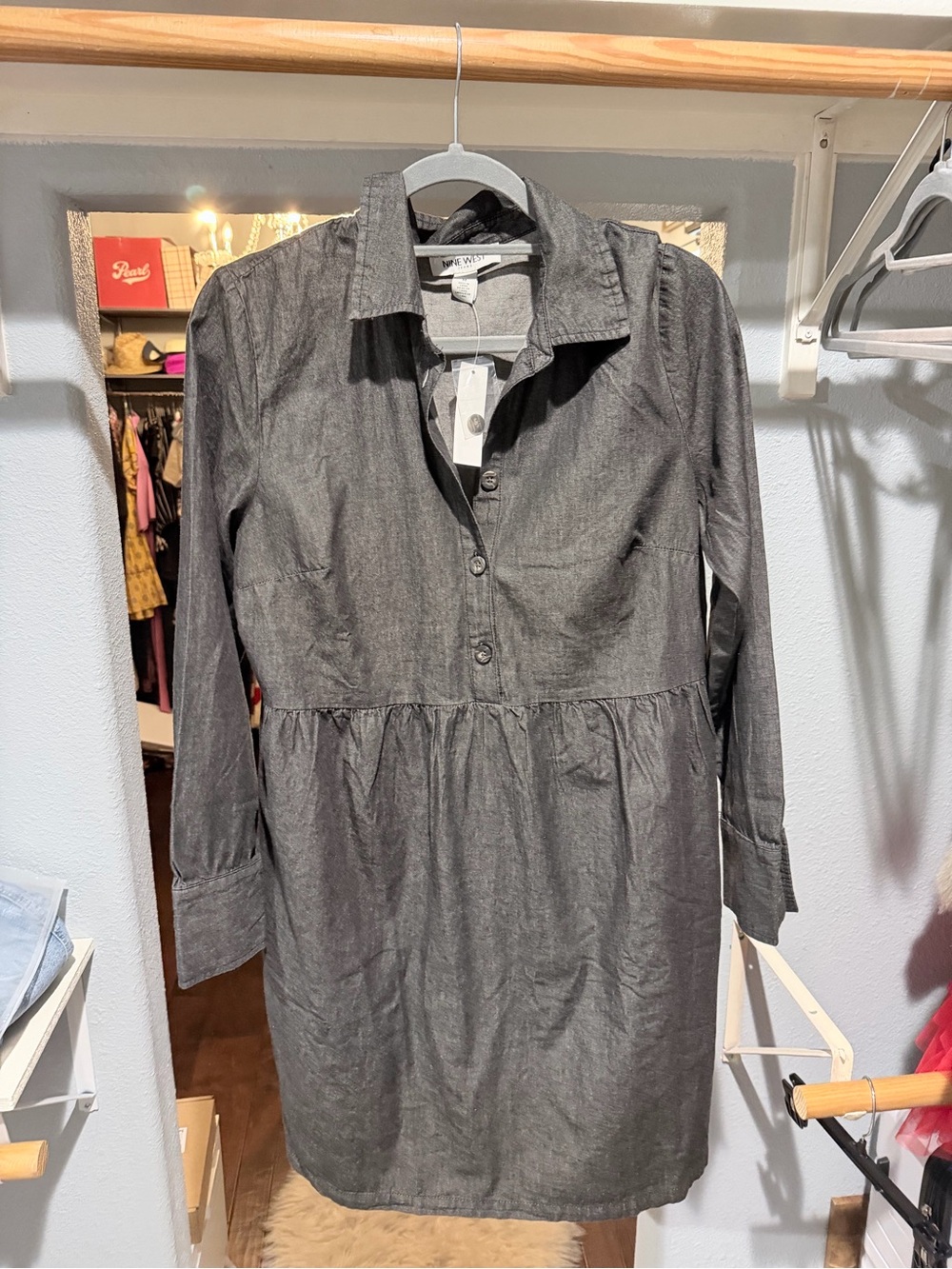 Nine West Charcoal Gray Chambray Shirt Dress-Med